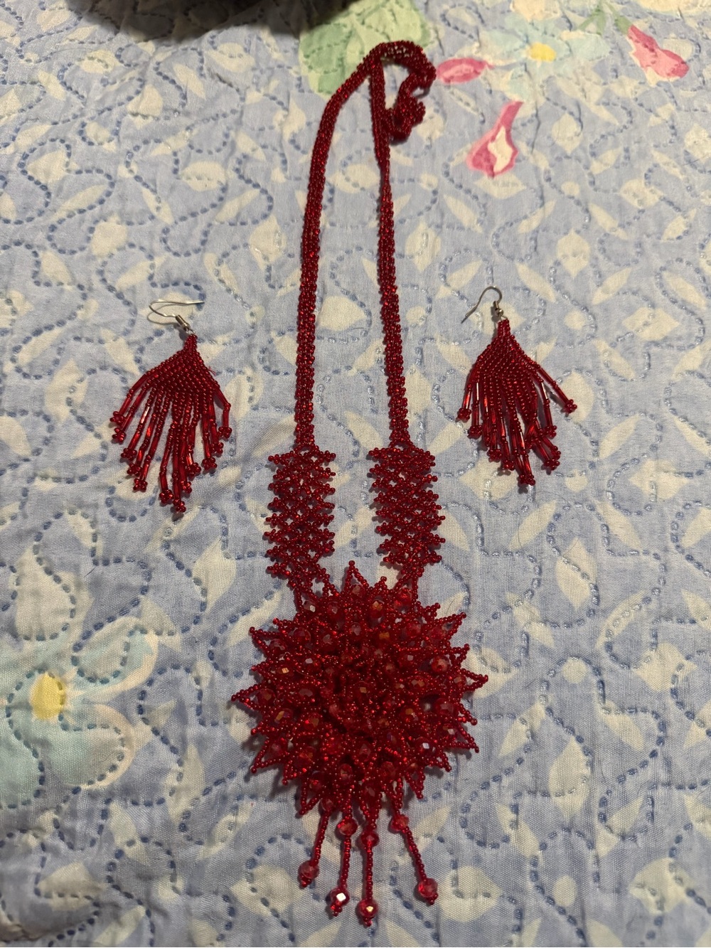 Red Beaded Statement Necklace with Fringe Earrings